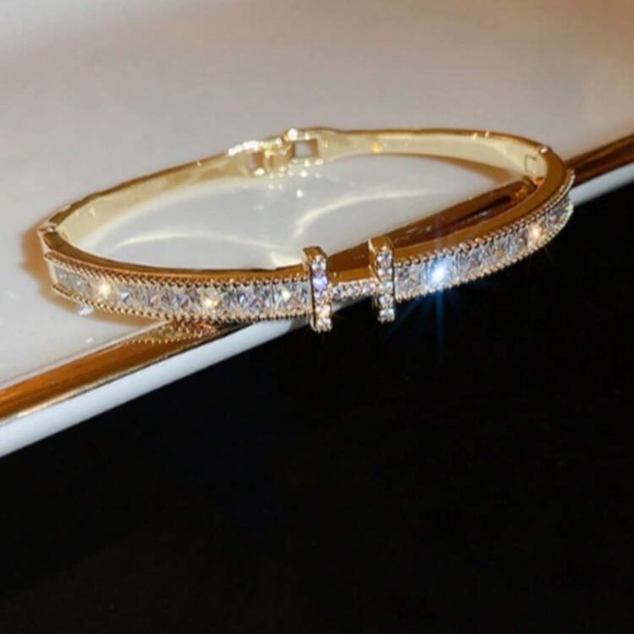 Jewelry - Gold Plated Stainless Steel CZ Bangle Bracelet | Sparkling Statement Jewelry
